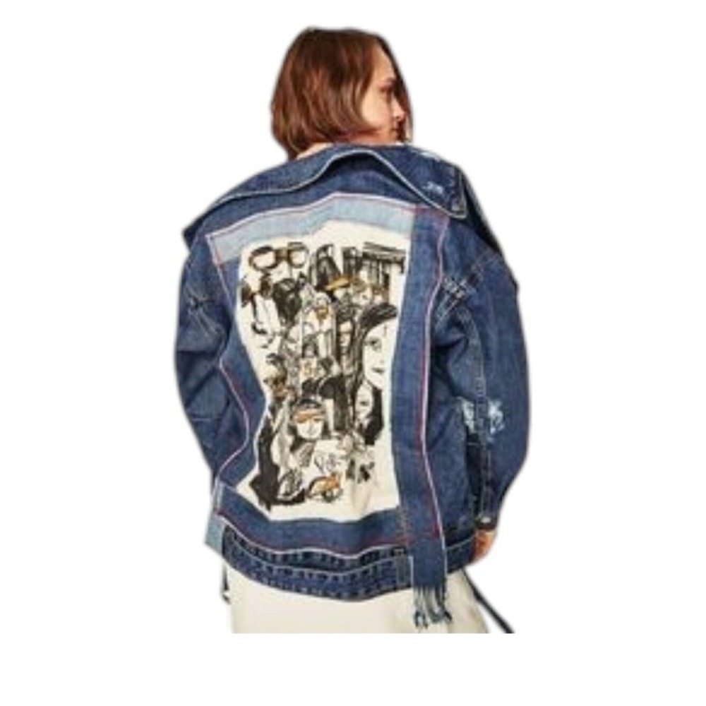 Zara Graphic Moto Denim Jacket Womens XS-S Blue Distressed Punk Streetwear